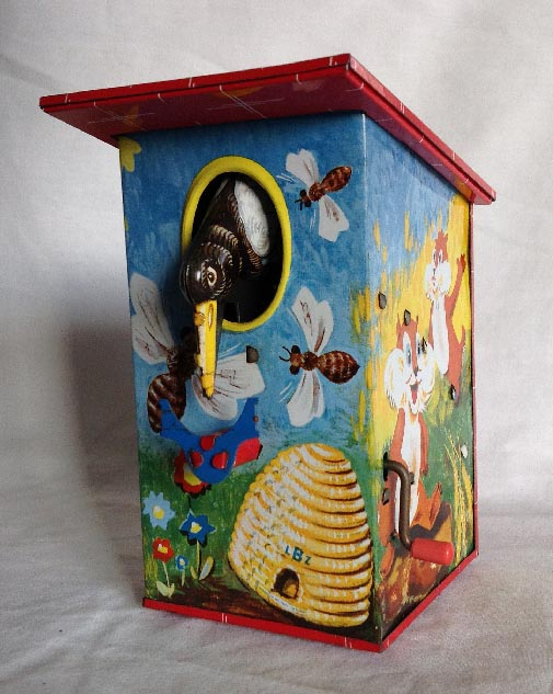 vintage West German made tin plate honey bee and animals money bank box toy by LBZ